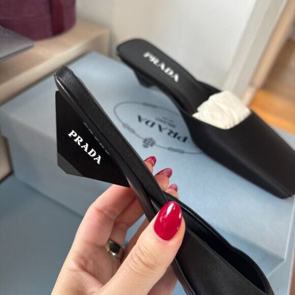 NWT Prada Slip-on Mules Black Satin Square Toe Triangle Heels Sz 36 - Picture 5 of 9